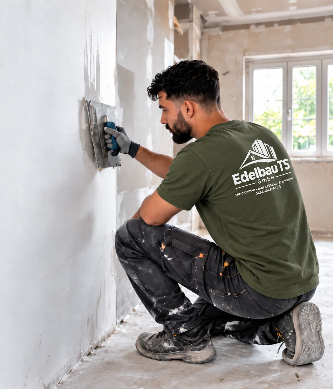 Handwerker beim Glätten einer Wand mit einer Spachtel – illustrative Aufnahme